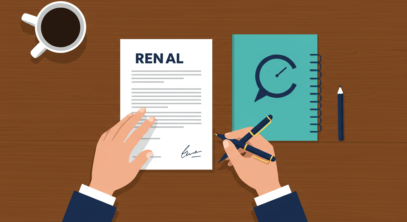 A person signing a rental lease agreement document with a pen at a wooden desk.