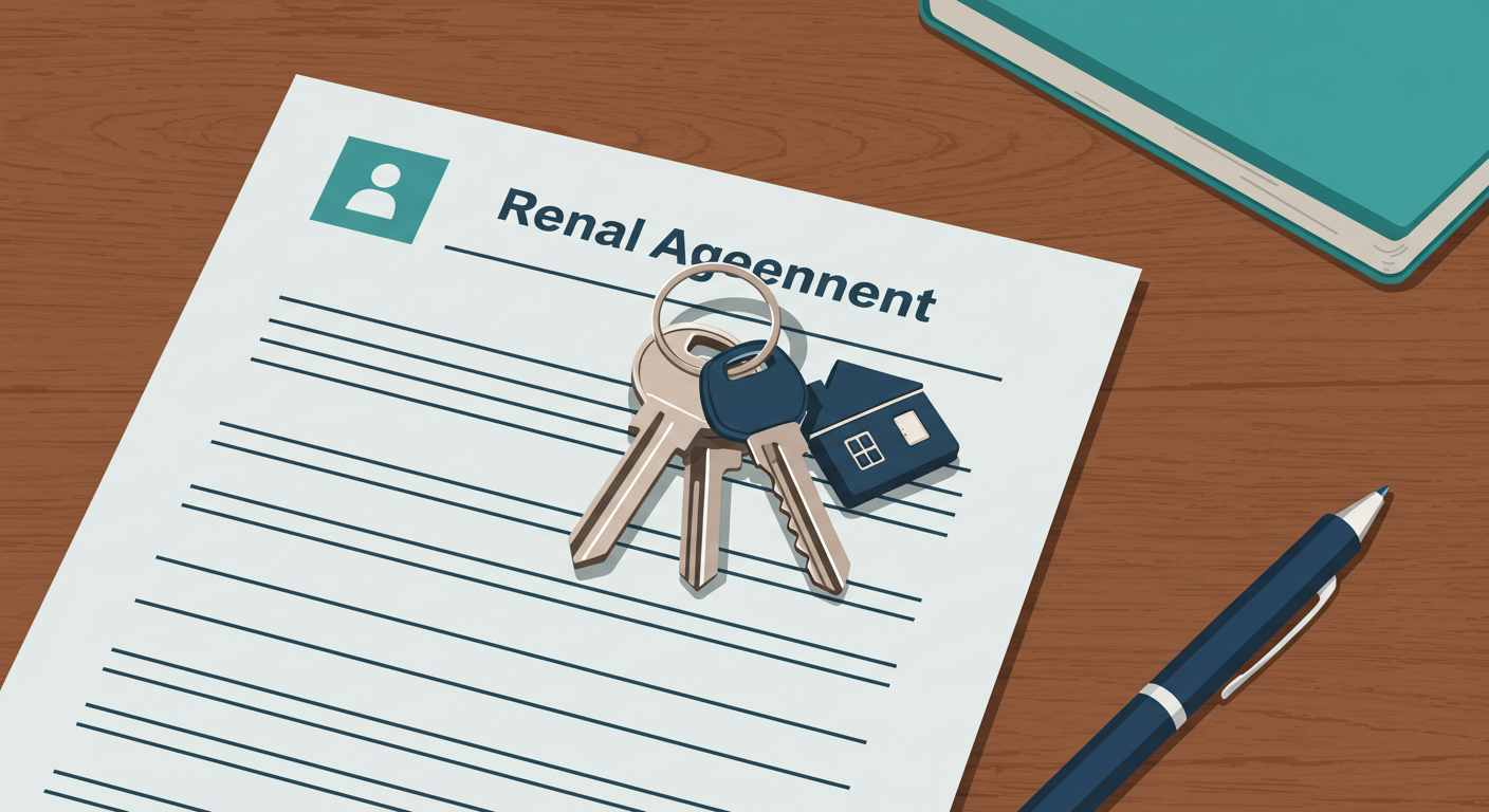 A set of house keys on a wooden table next to a rental agreement document.