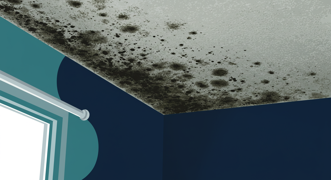 Close-up of dark mold spots on a damp interior wall corner near the ceiling.