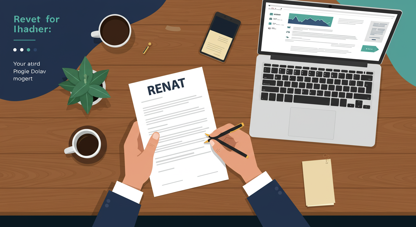 A person signing a rental agreement document at a wooden desk with a laptop and a small plant nearby.