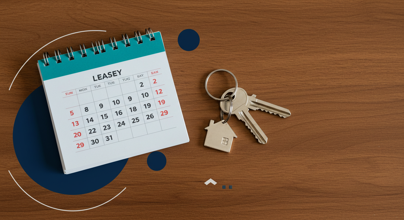 A calendar showing a full year next to a set of house keys on a wooden table, symbolizing a lease agreement.