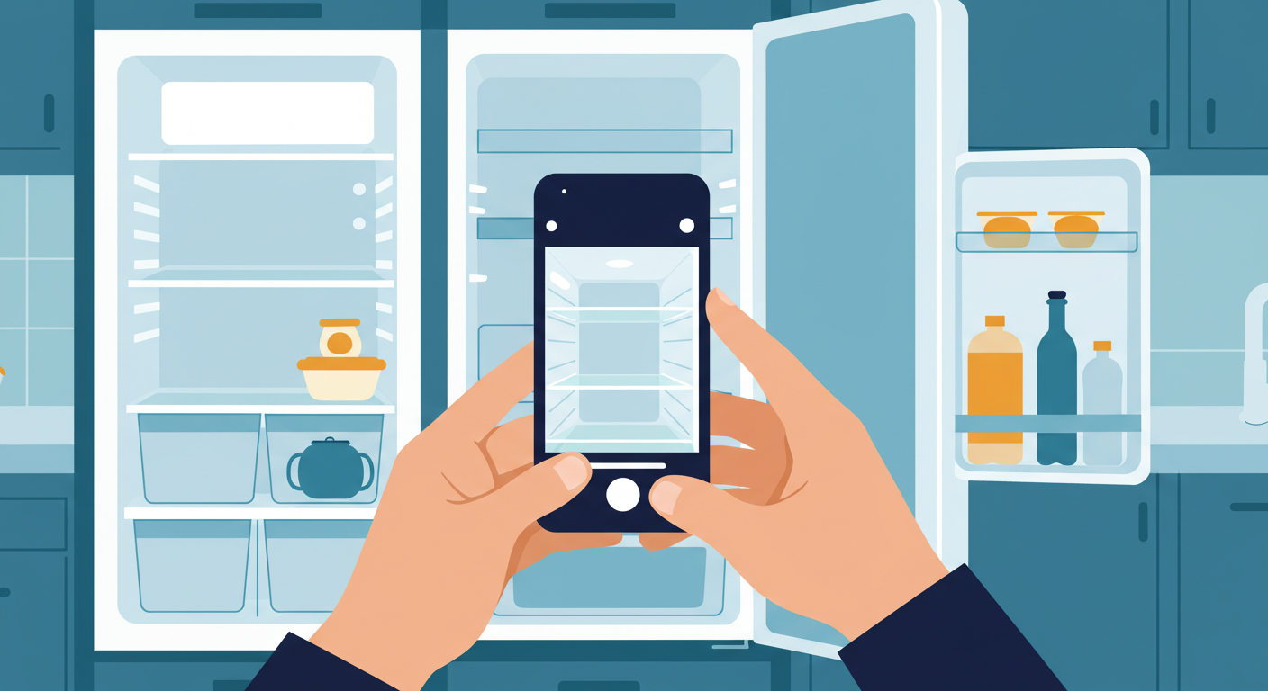 A landlord using a smartphone to photograph the interior of a clean, empty refrigerator in an apartment kitchen.
