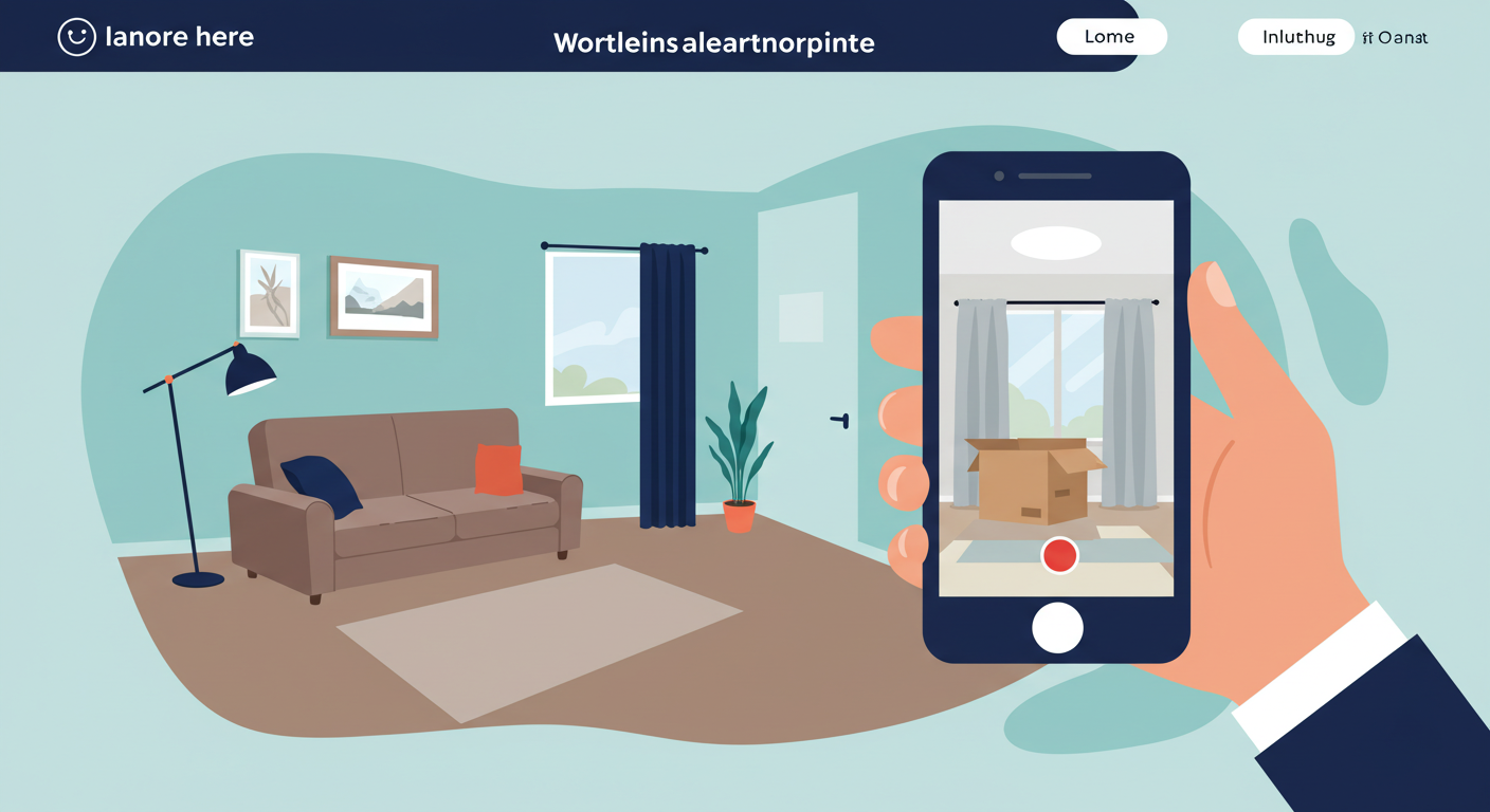 A landlord holding a smartphone and recording a video of a clean, empty living room before a tenant moves in.