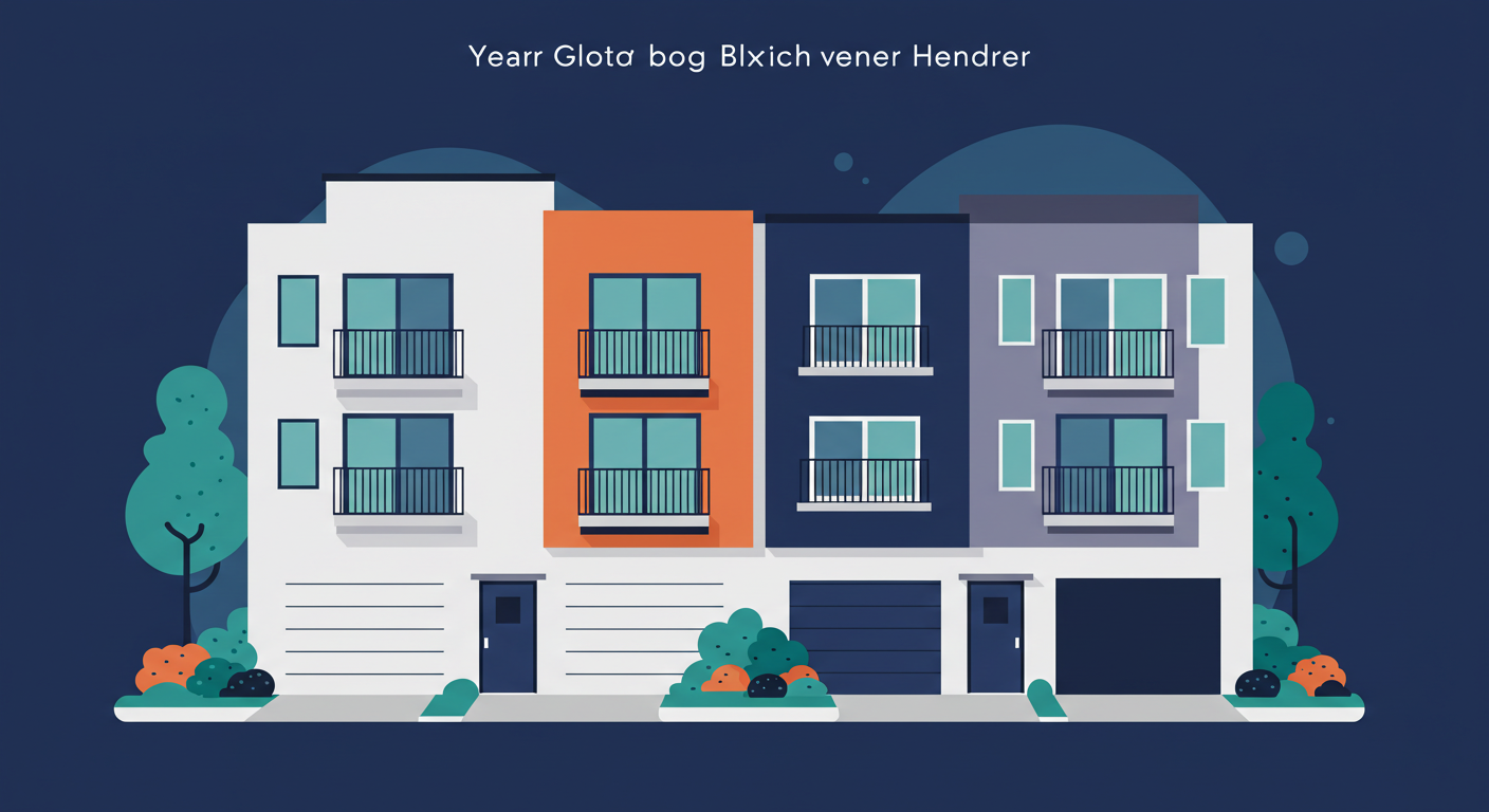 A clean, modern four-unit multi-family apartment building with balconies and neat landscaping.