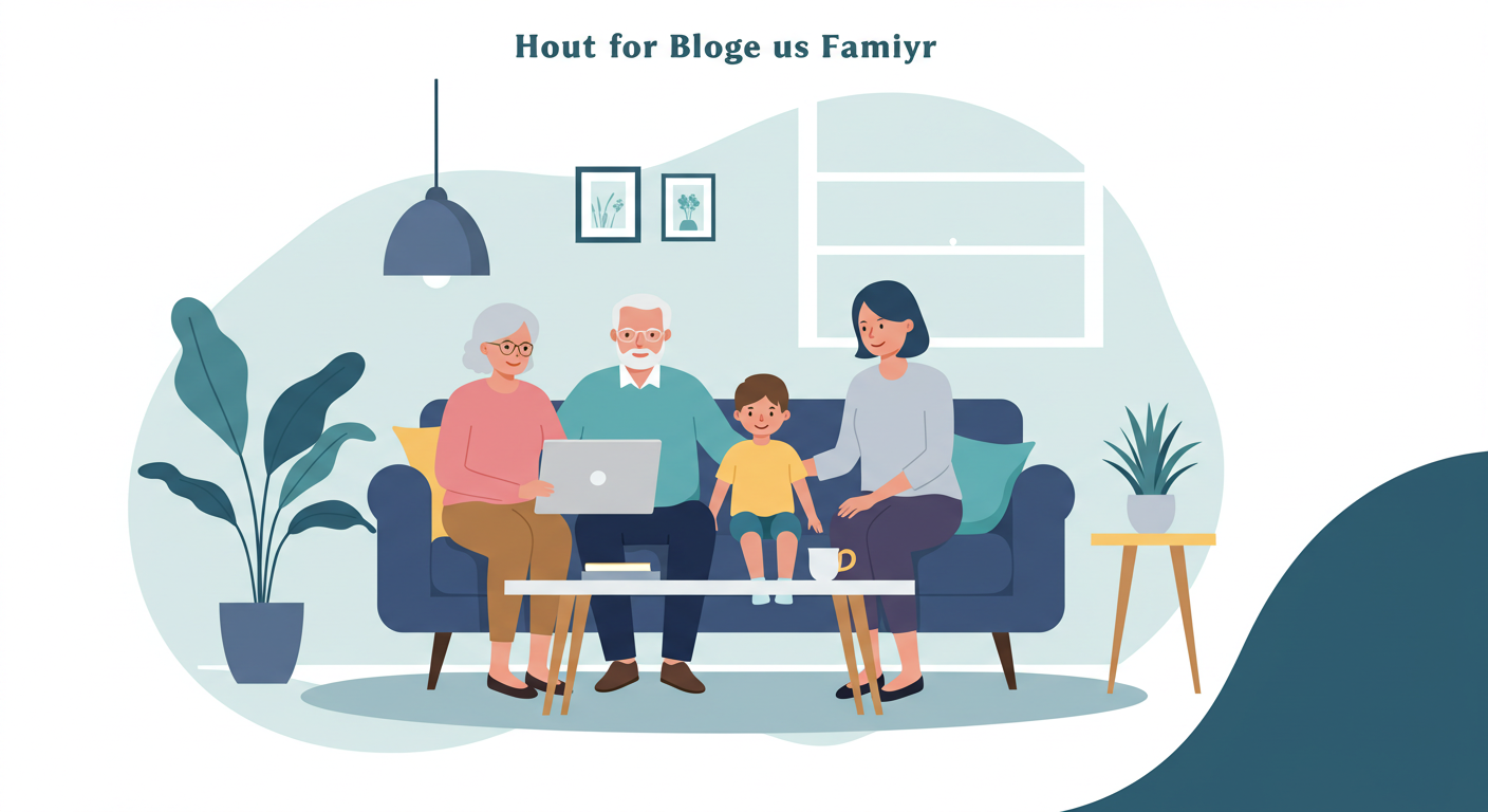 A multi-generational family with grandparents, parents, and a child sitting together on a couch in a bright living room.