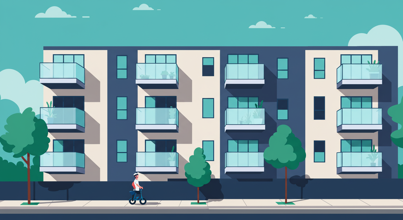 A modern, clean apartment building with multiple balconies, viewed from the street level on a sunny day.