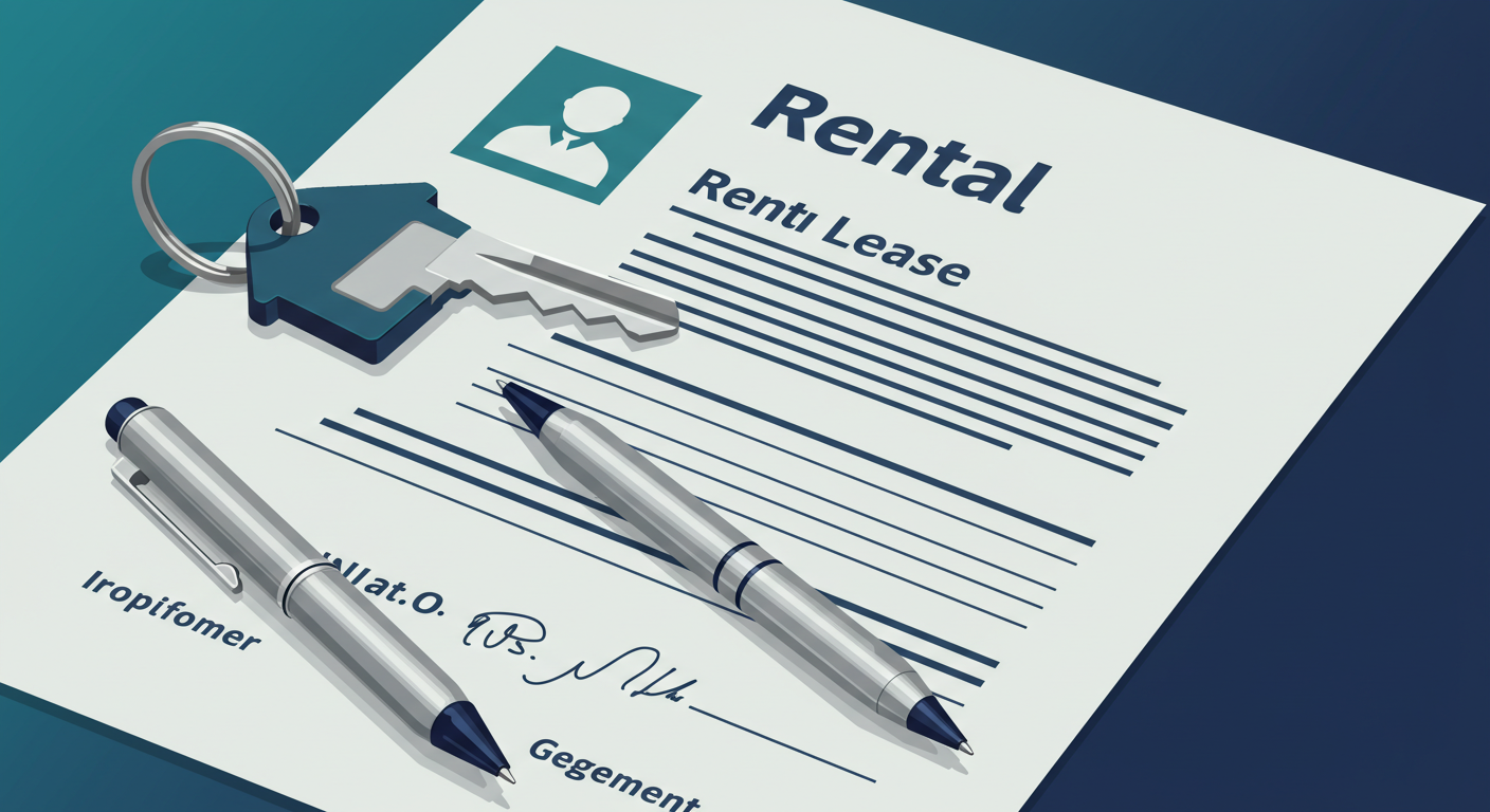 A modern house key and a silver pen resting on a signed rental lease agreement.