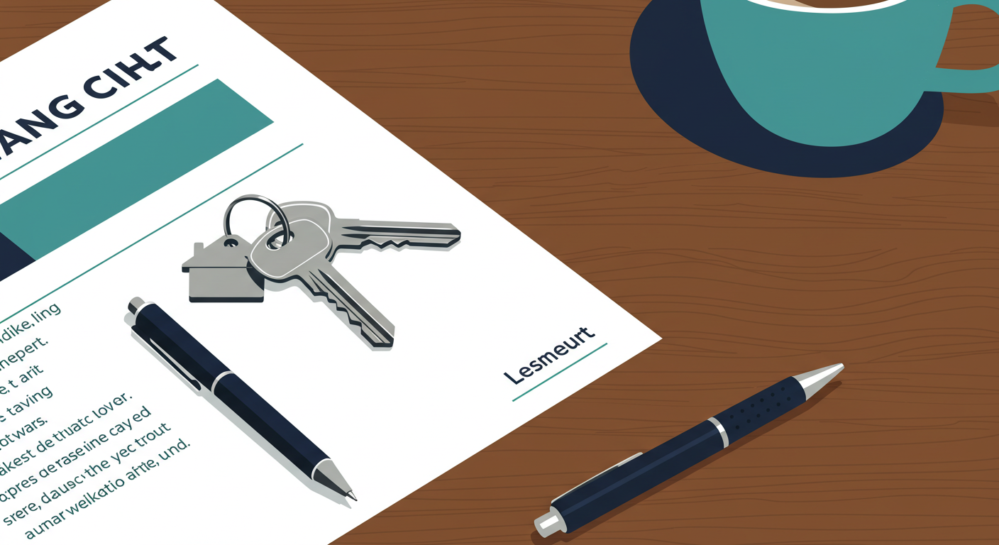 A set of house keys with a simple keychain rests on a wooden table next to a pen and a document.