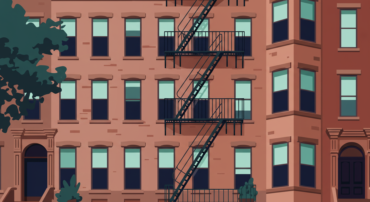 A classic New York City brownstone apartment building with a fire escape, viewed from the street.