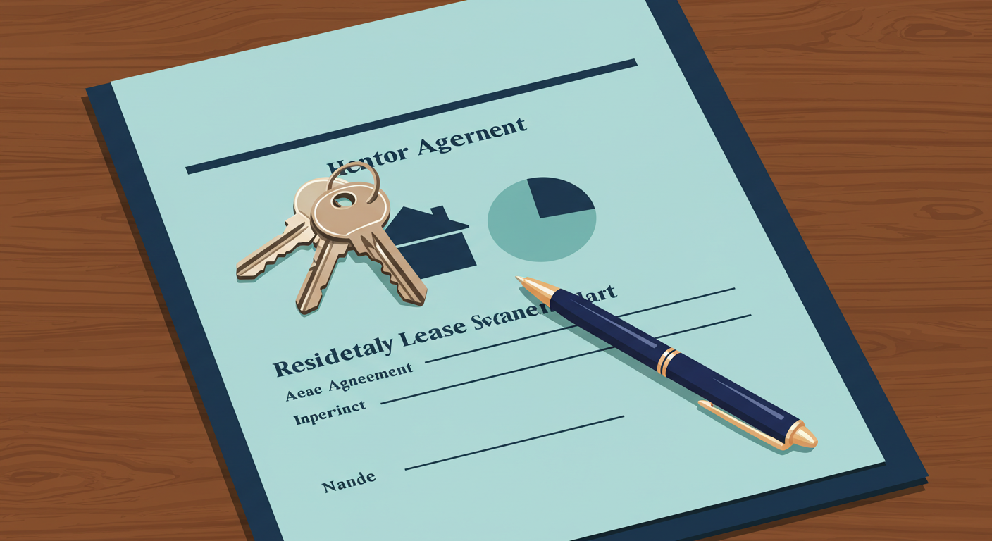 A set of house keys and a pen resting on top of a residential lease agreement on a wooden desk.