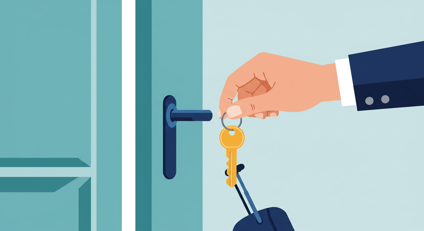 A landlord's hand holding a key, about to unlock the front door of a rental apartment.