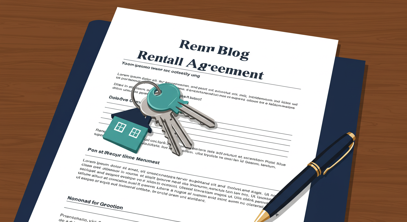 House keys and a pen resting on a rental agreement document on a wooden desk.