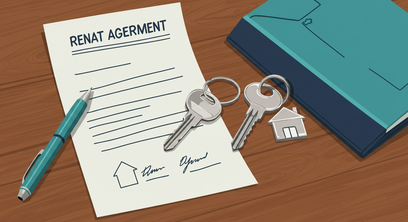 A set of house keys and a signed rental agreement on a wooden table.