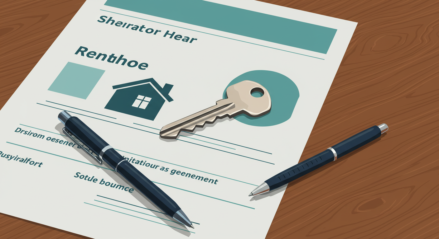A modern house key on a wooden table next to a pen and a rental lease agreement.