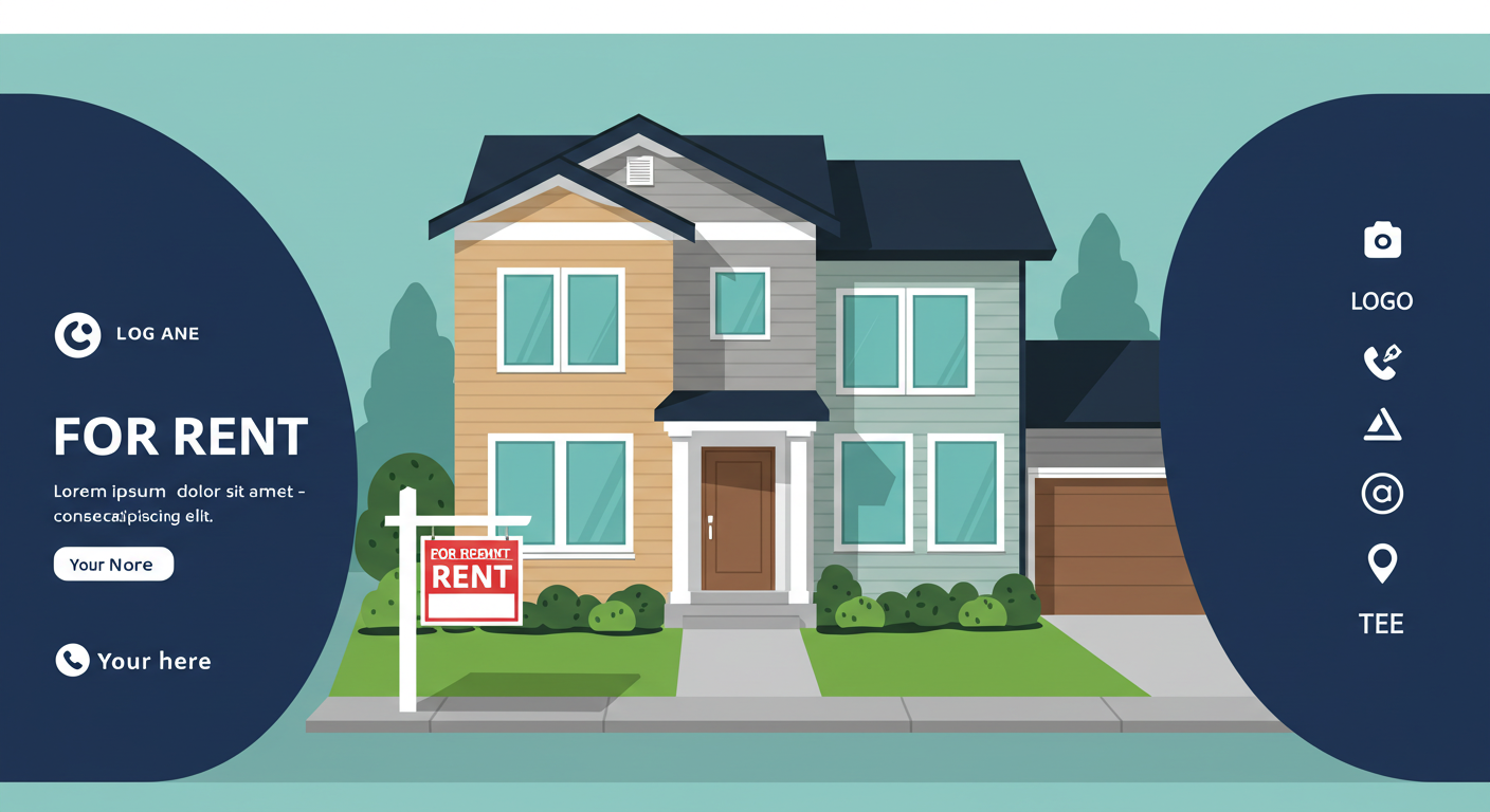 A modern, two-story house with a 'For Rent' sign in the neatly landscaped front yard.