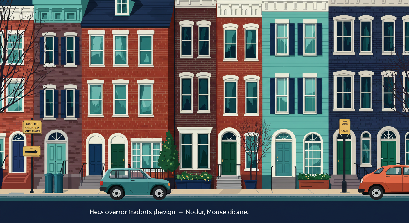 A row of traditional brick townhouses in Philadelphia, Pennsylvania.