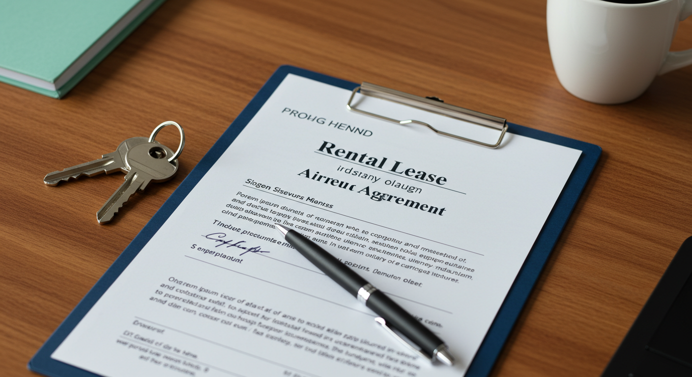 A signed rental lease agreement and a pen resting on a wooden desk next to a set of house keys.