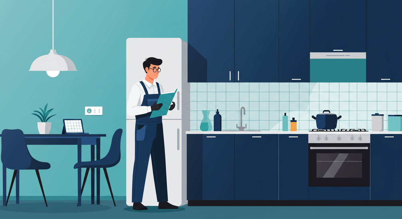 A pest control professional in uniform inspecting the kitchen of a modern apartment.