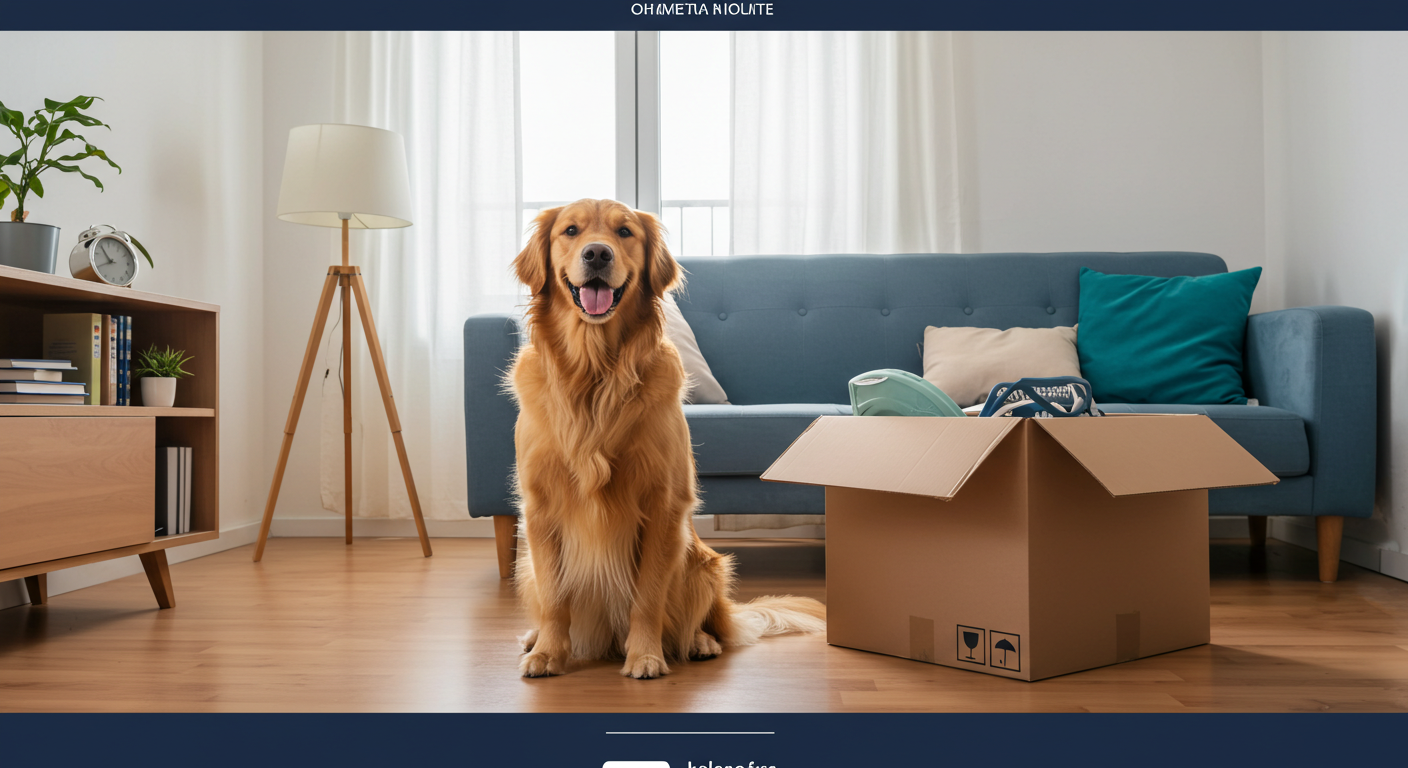 A golden retriever sitting happily on the floor of a clean, modern apartment living room next to a moving box.