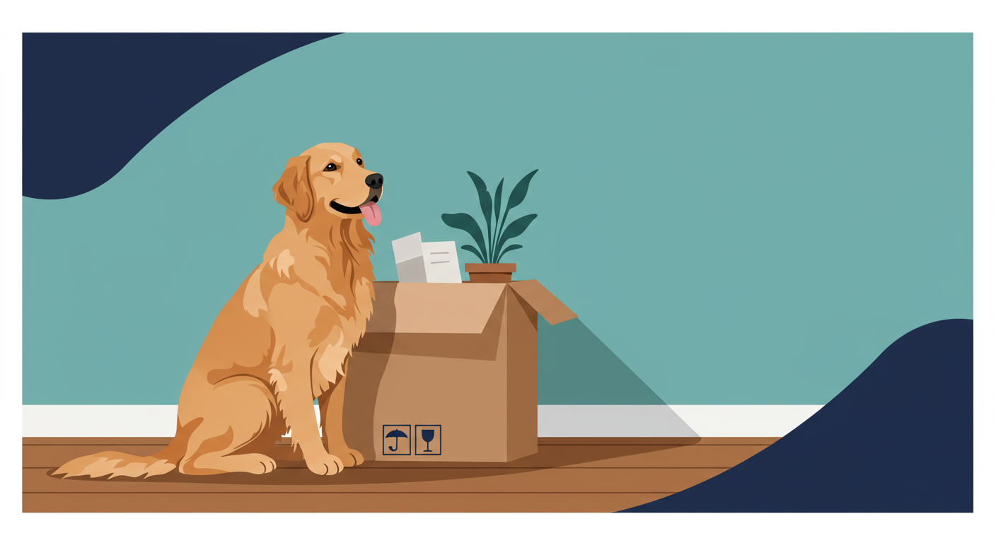 A golden retriever dog sits patiently on the wood floor of a home next to a moving box.