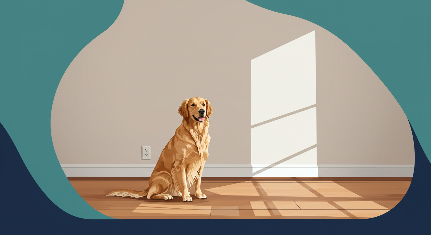 A golden retriever dog sitting calmly on the hardwood floor of a bright, empty apartment living room.