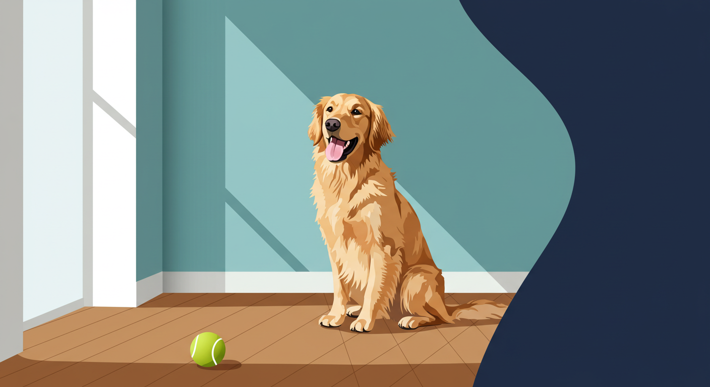 A happy golden retriever with a tennis ball in its mouth, sitting on the hardwood floor of a bright, empty apartment.