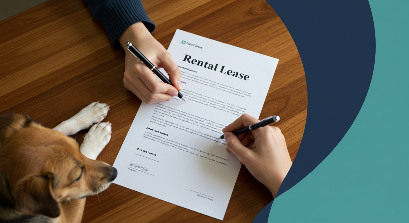 A person's hands signing a rental lease document on a wooden table, with a small dog's paw resting nearby on the paper.