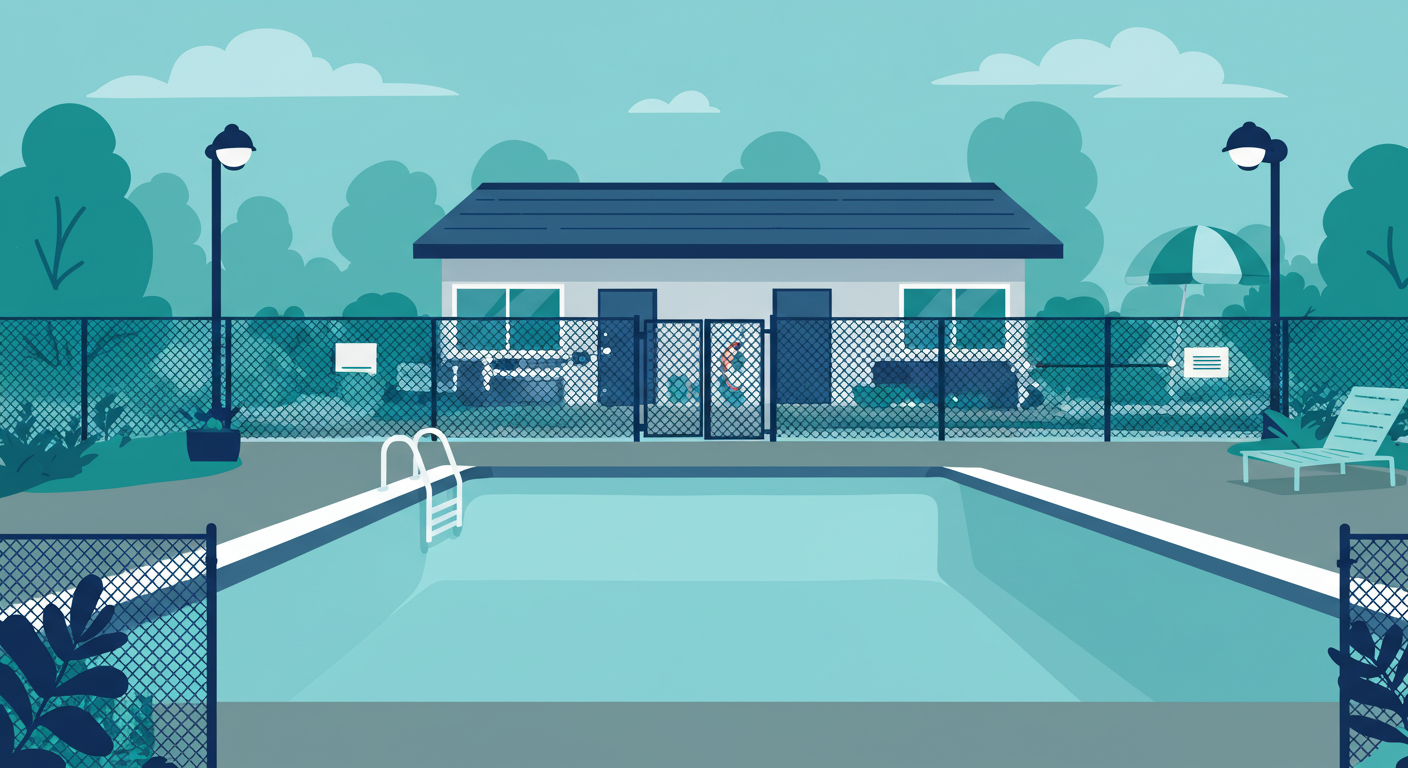 A clean, empty swimming pool at a rental property, surrounded by a secure safety fence and a closed gate.