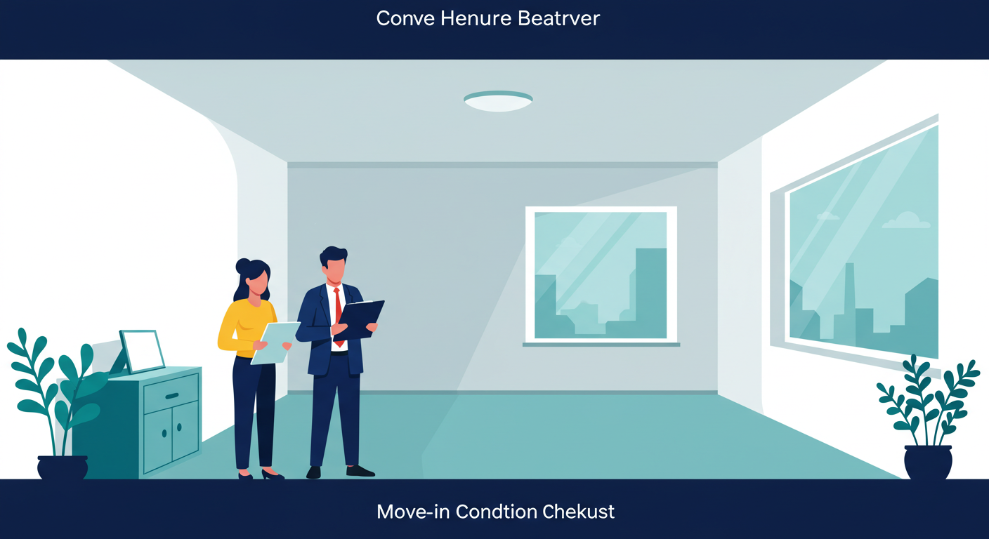 A landlord and tenant reviewing a move-in condition checklist together inside a clean, empty apartment.