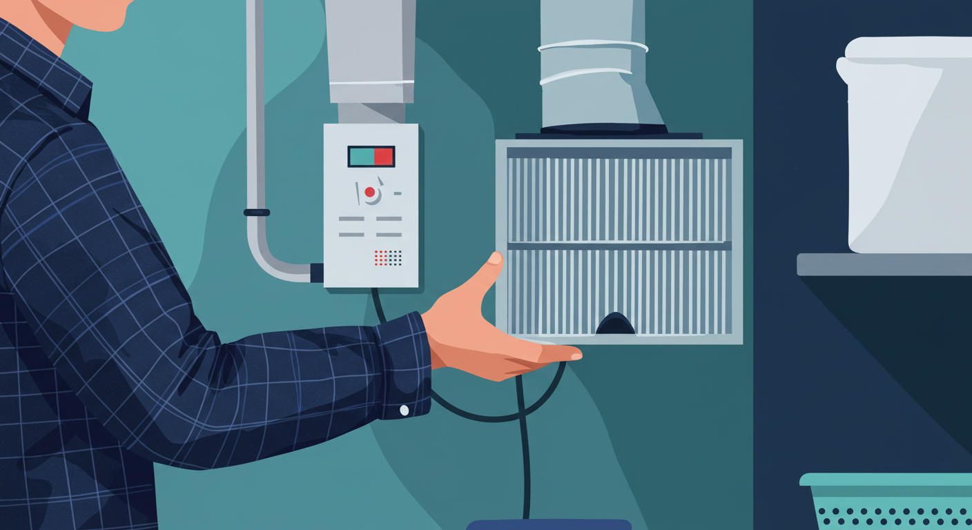A person in a plaid shirt inspecting a furnace filter in a clean utility room.