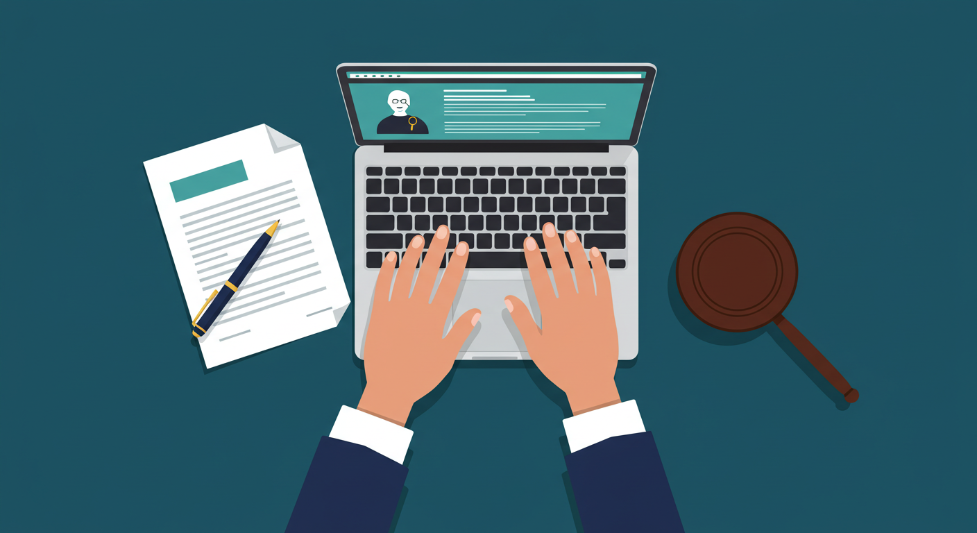 A person's hands poised over a laptop keyboard, with a legal document and a pen to the side.