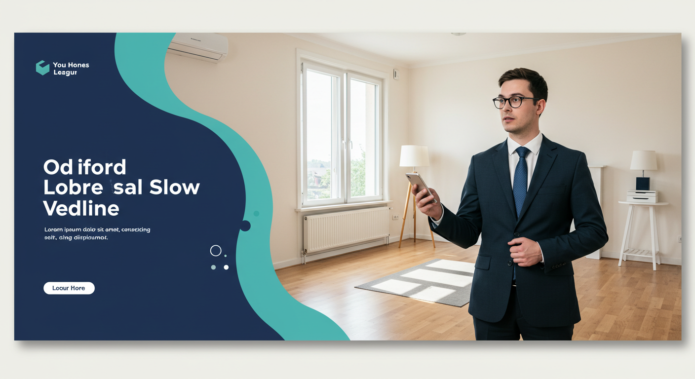 A landlord stands in a bright, empty living room, holding a smartphone and looking towards the camera with a professional demeanor.
