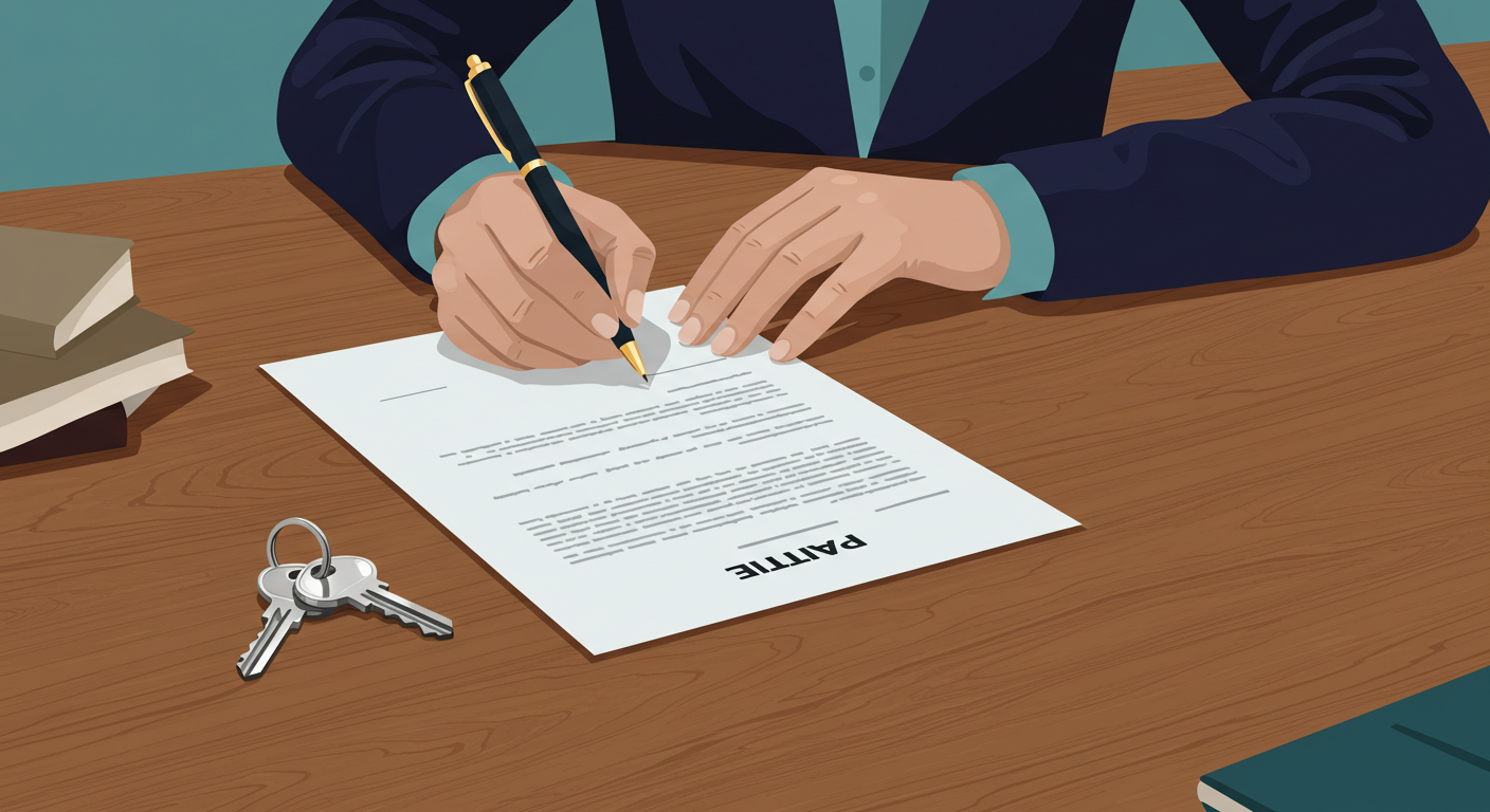 A person's hand signing a legal document on a wooden desk, with a pair of house keys resting beside the paper.