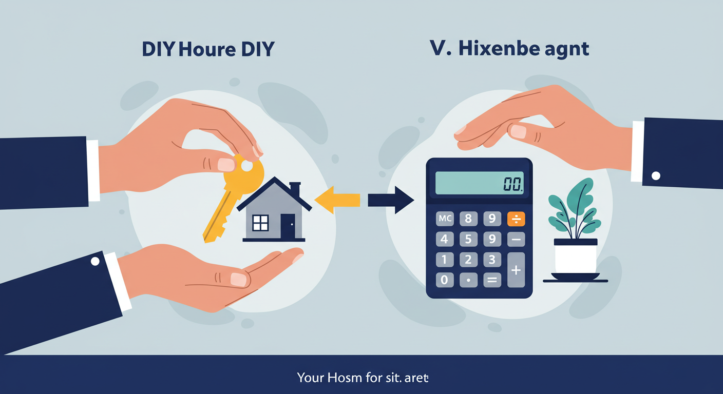 A person's hands holding a house key and a calculator, representing the choice between DIY and hiring a real estate agent.