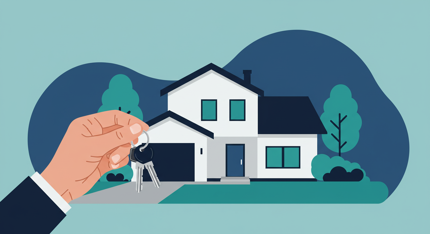 A person holds a set of house keys in front of a modern single-family home.