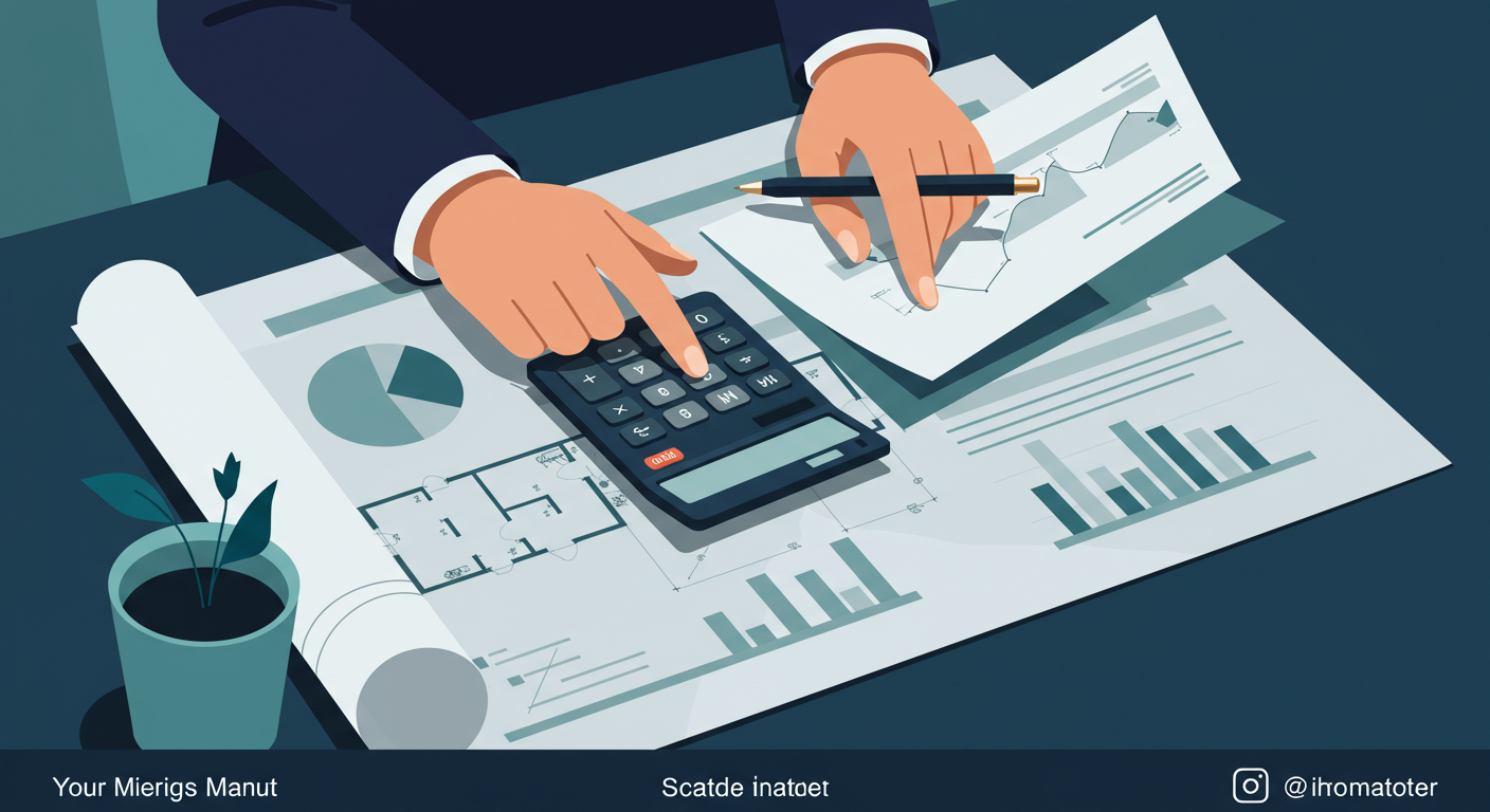 A person using a calculator and pen while reviewing financial documents on a desk with property blueprints.