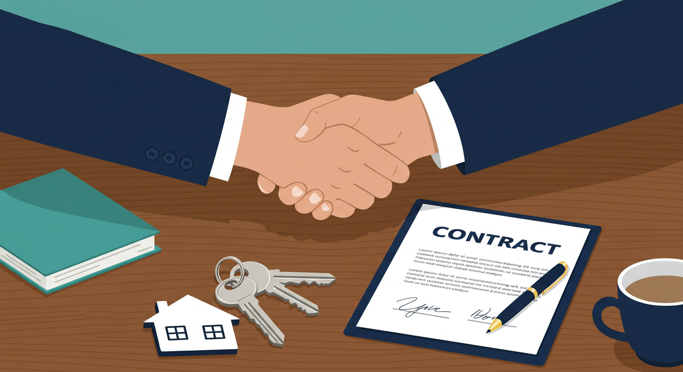 Two people shaking hands over a set of house keys and a signed contract on a wooden table.