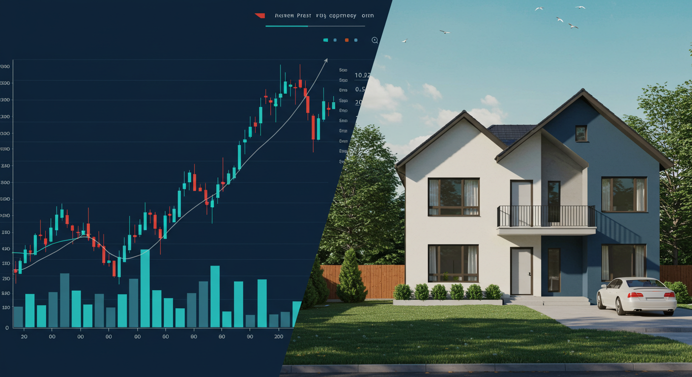 A split image showing a stock market graph on one side and a modern residential house on the other.