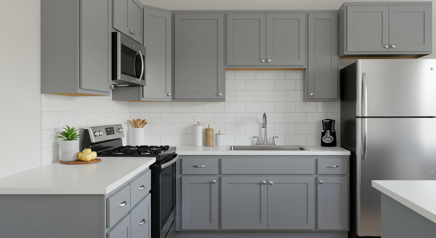 A modern rental kitchen with gray cabinets, stainless steel appliances, and a clean white tile backsplash.
