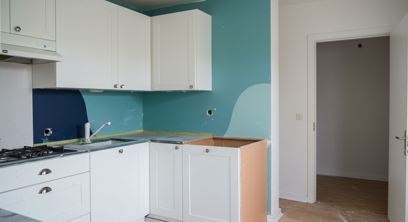A partially renovated apartment kitchen with new white cabinets and a painter's tape on the wall.