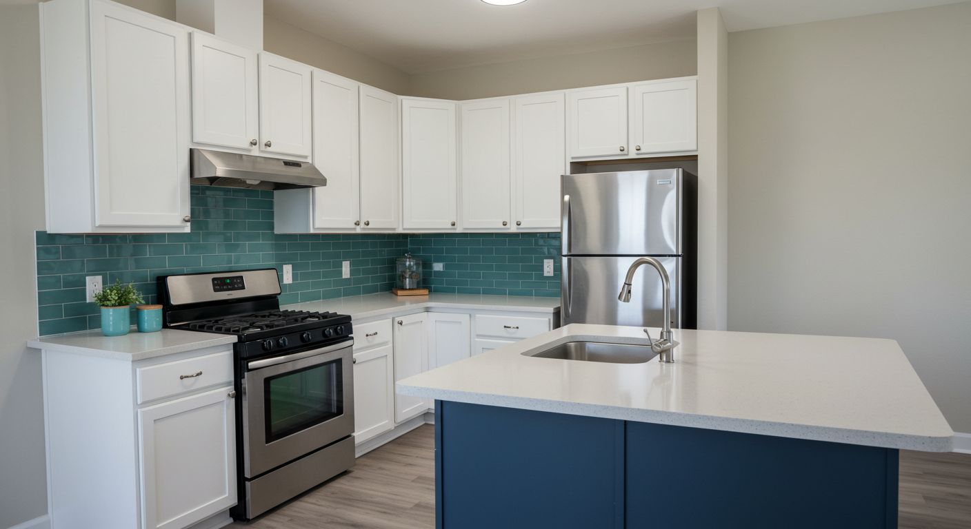 A newly renovated, modern kitchen in a rental unit with white cabinets, new countertops, and stainless steel appliances.