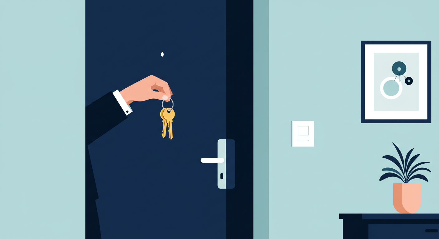 A landlord hands a set of keys to a new tenant in the doorway of a bright, modern apartment.