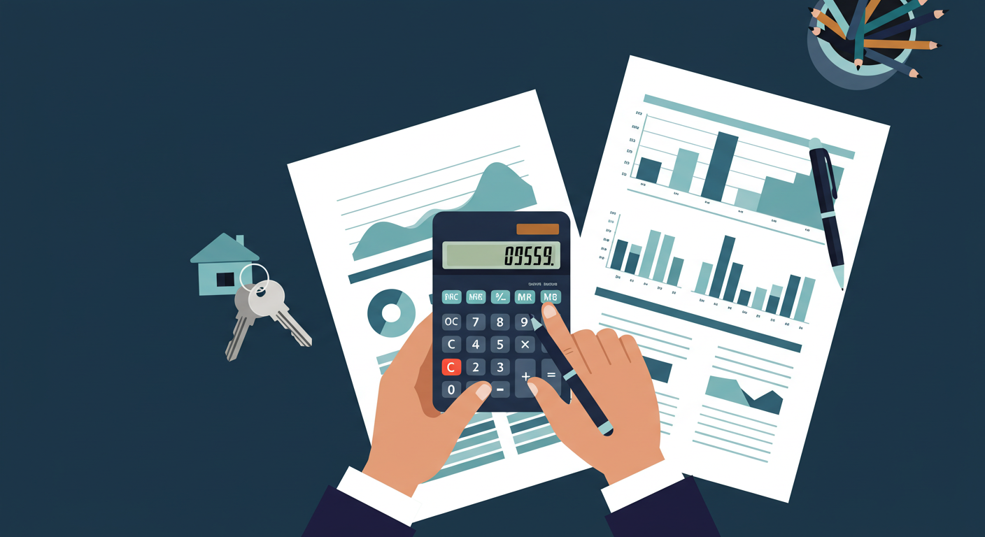 A person's hands using a calculator on a desk with house keys, a pen, and paperwork with charts.