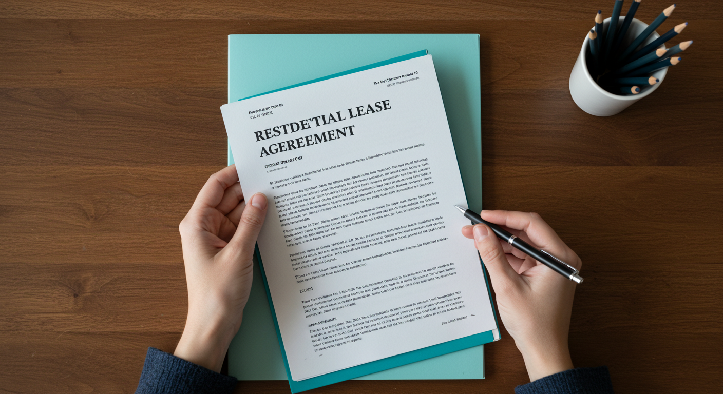 A person sitting at a wooden desk, reviewing a document titled 'Residential Lease Agreement' with a pen in hand.