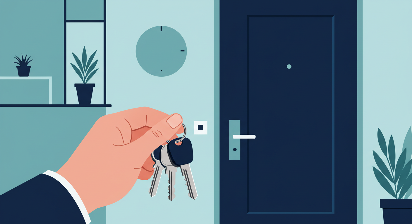 A person holding a set of house keys in front of a modern apartment door.