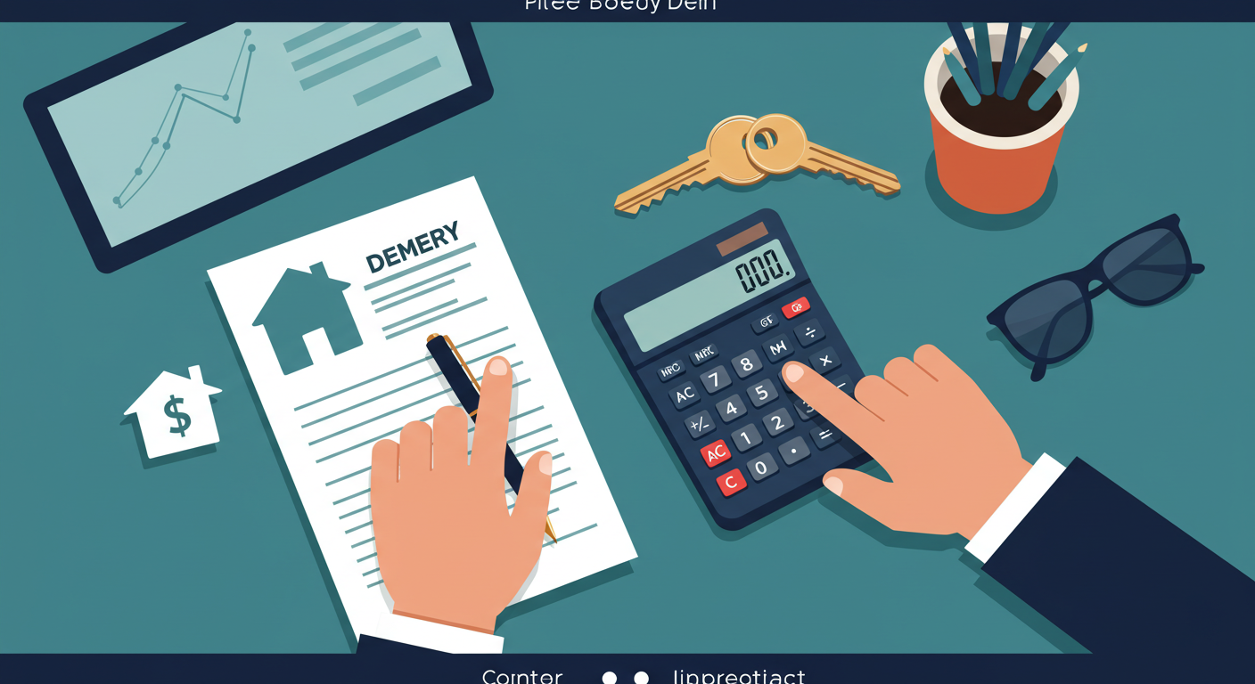 A person using a calculator with a property deed and house keys on a desk.