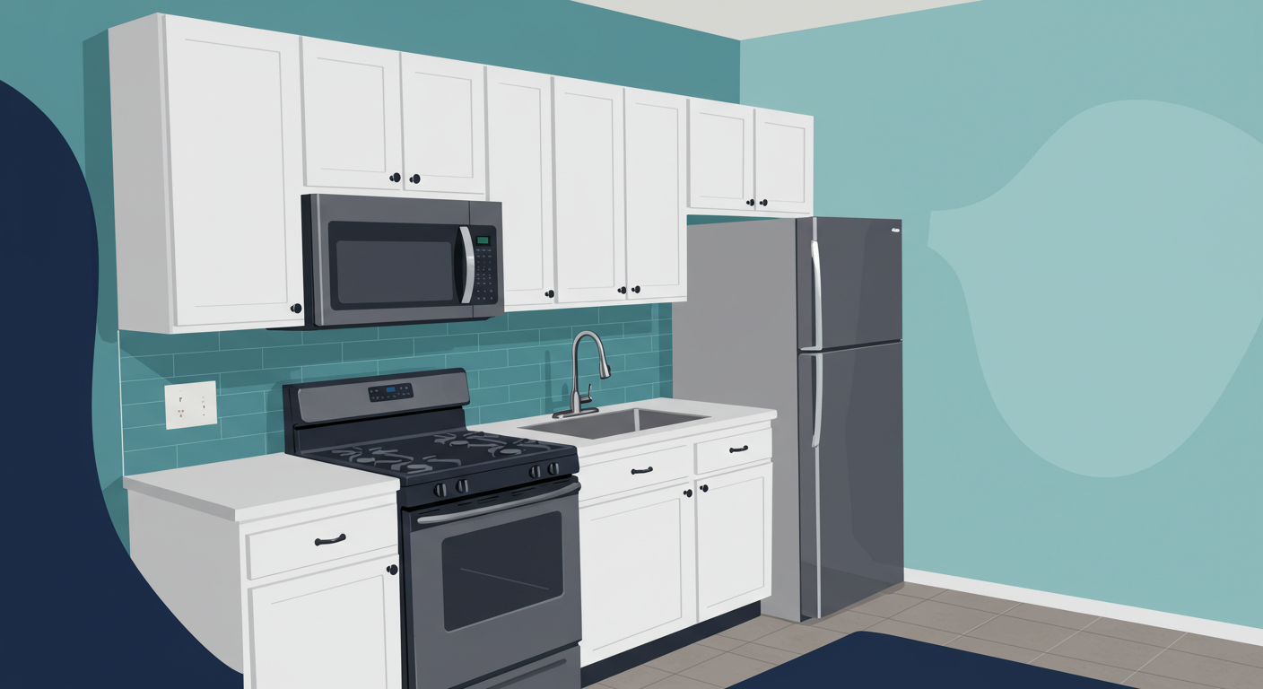 A newly renovated, modern kitchen in a rental property with white cabinets, new countertops, and stainless steel appliances.