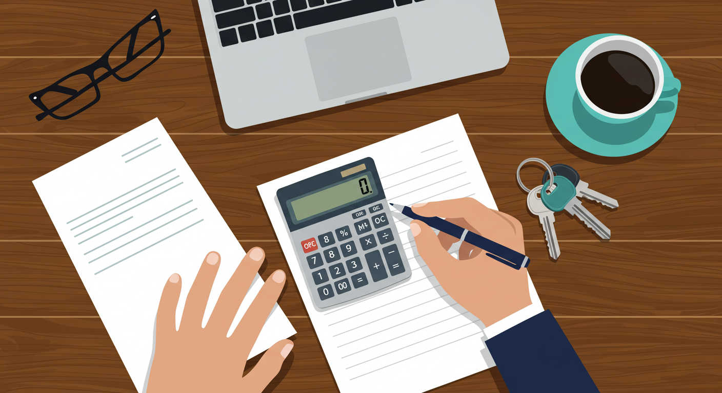 A person using a calculator and writing notes next to a set of house keys on a wooden desk.