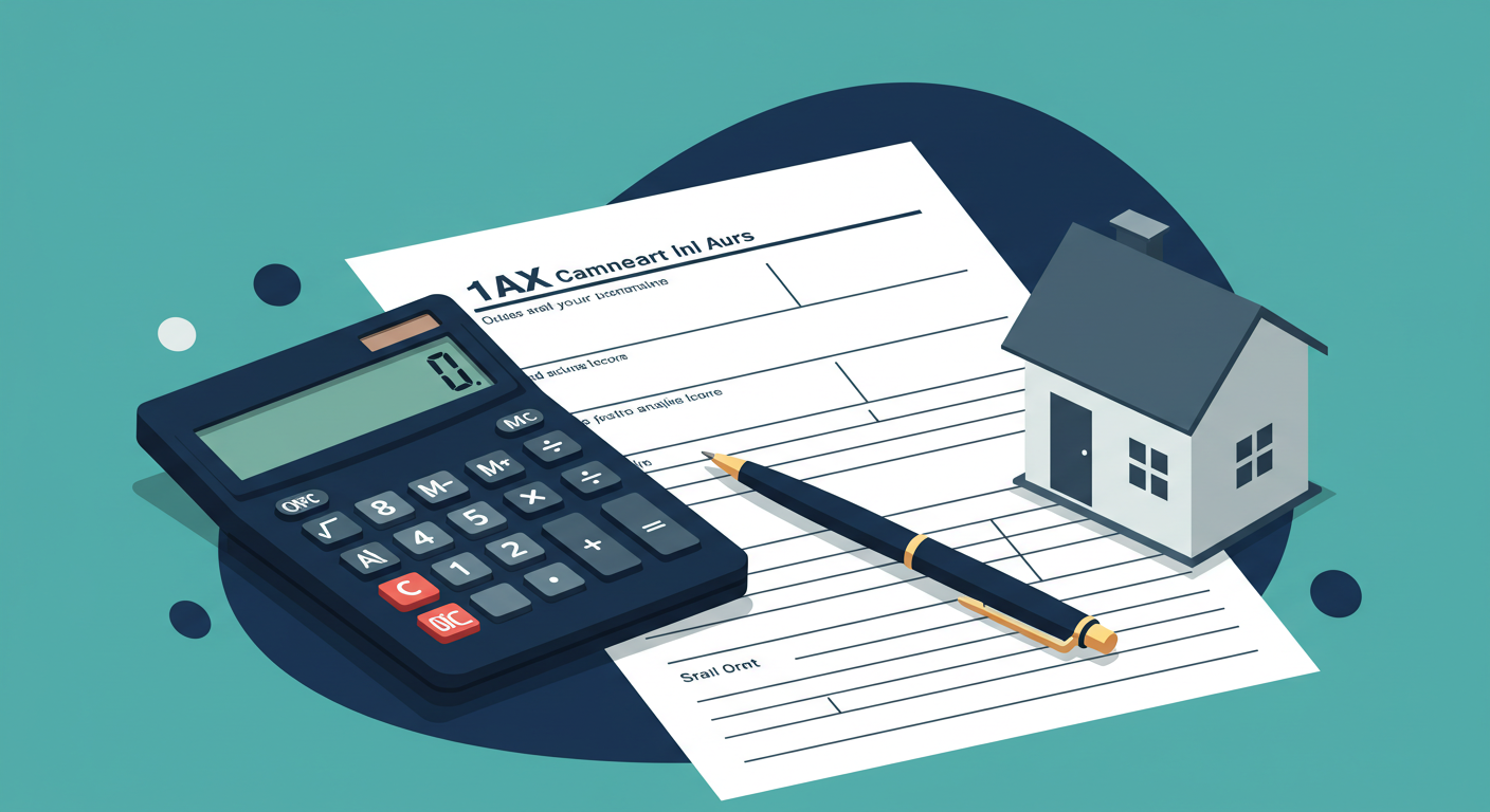 A calculator and a pen resting on a tax form next to a small model of a house.