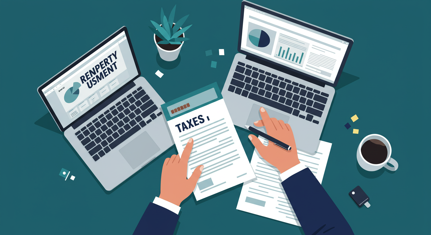 A person sitting at a desk with a laptop, calculator, and papers, working on their rental property taxes.